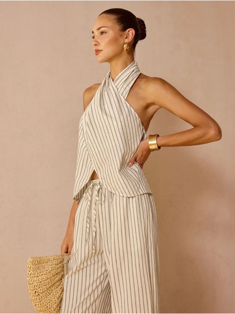 Commense Striped Cotton Linen Halter Top & Pants Set - Picture 2 of 4